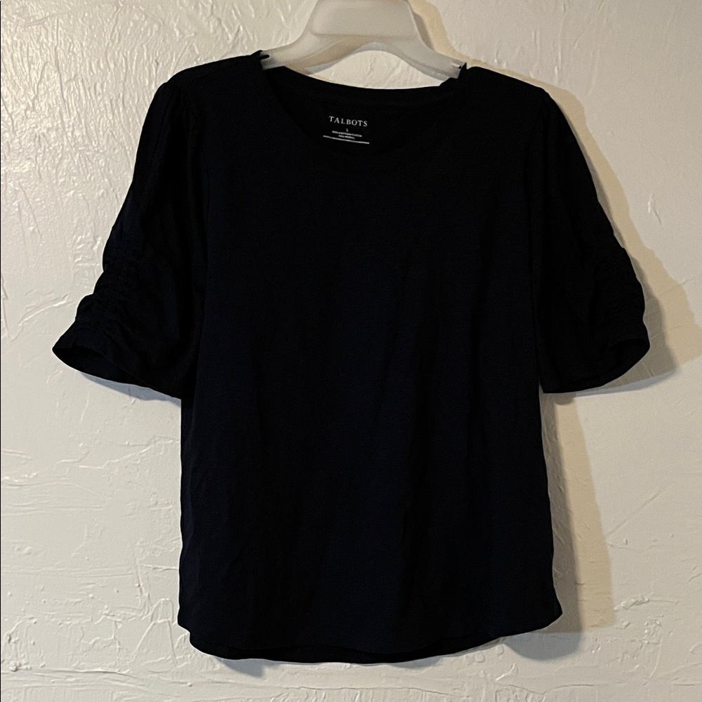 Talbots Black Short Sleeve Ruched-Sleeve Tee